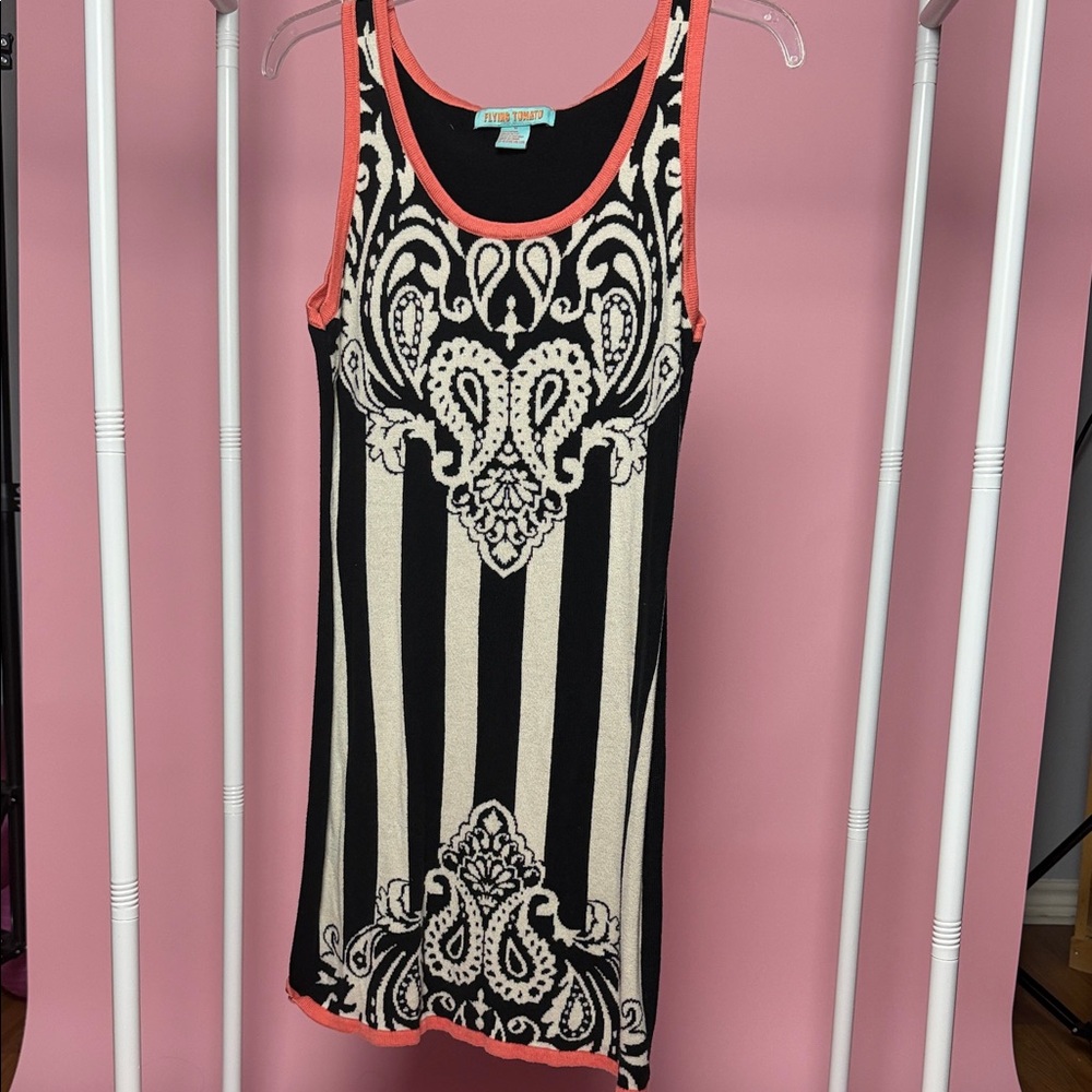 Flying Tomato Black and Cream Patterned Tank Top with Coral Trim